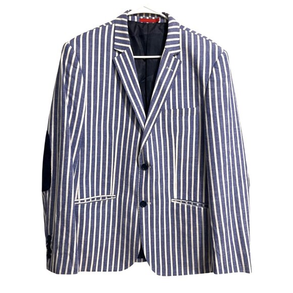 Elie Balleh Mens Blazer Jacket Milano Italy Blue White Stripe Elbow-Patch Size M - Picture 1 of 9